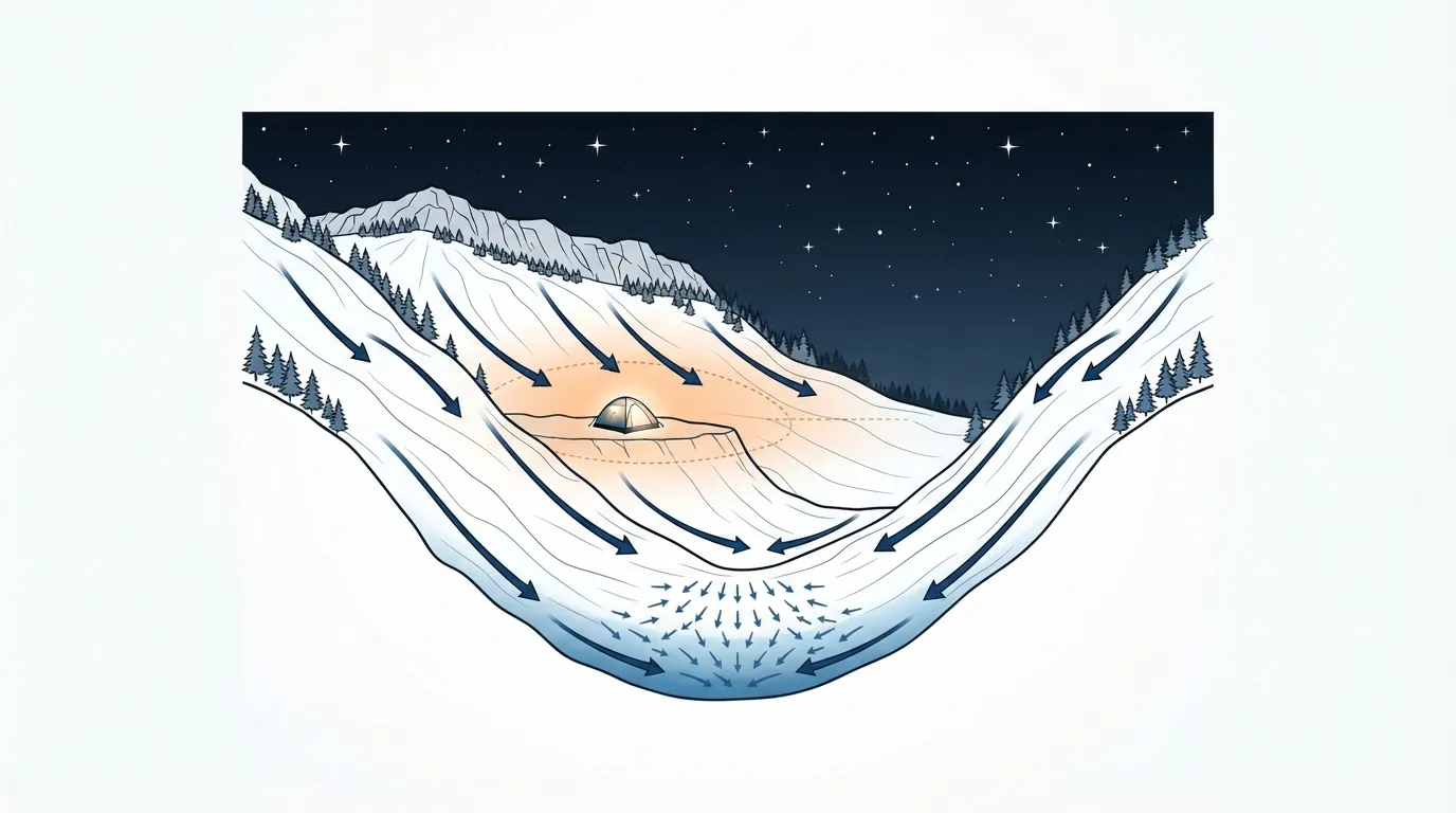 Schéma d'une vallée la nuit : l'air froid descend les pentes et s'accumule au fond, la zone tempérée est à mi-pente