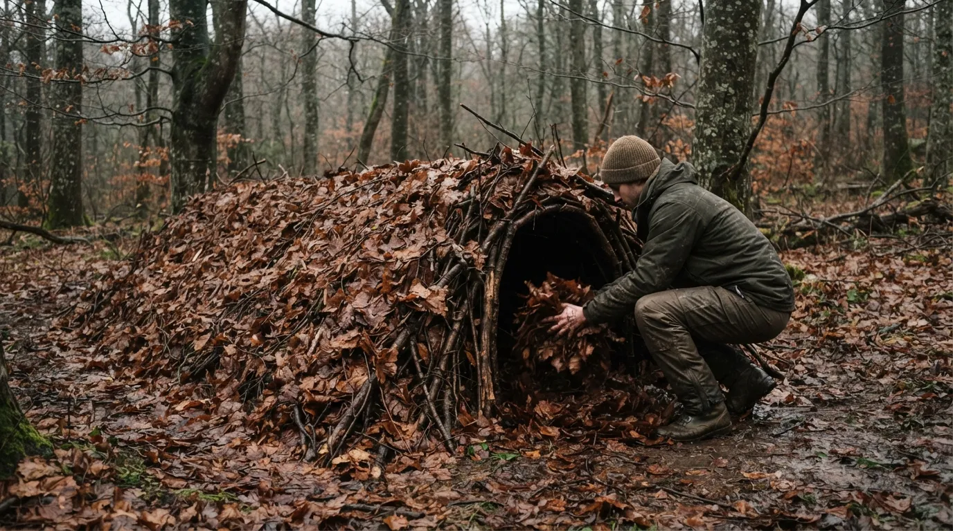 Un abri en débris terminé : une longue butte de feuilles mortes avec une petite entrée noire, une personne accroupie devant