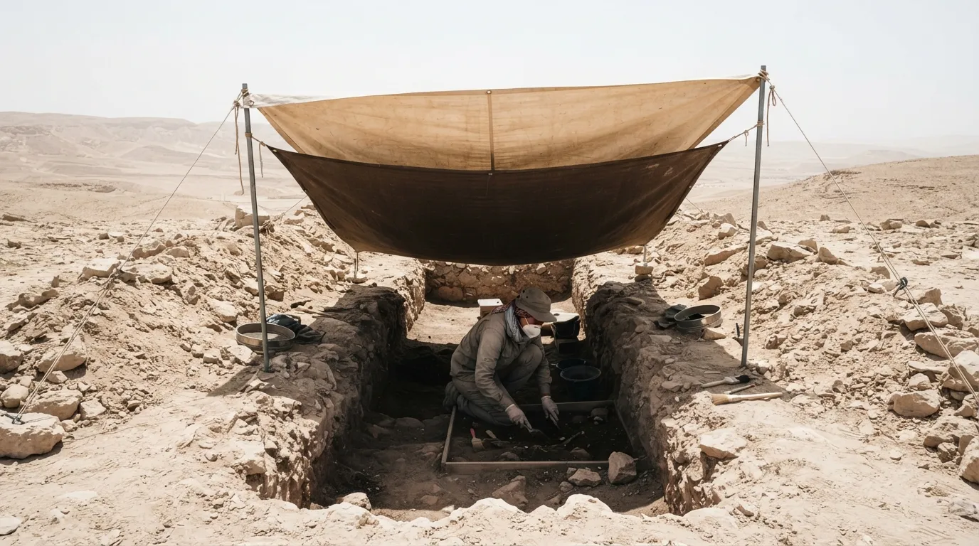 Une tranchée creusée dans le sable, couverte d'une bâche claire tendue sur des monticules, une deuxième bâche 30 cm au-dessus, désert de pierres