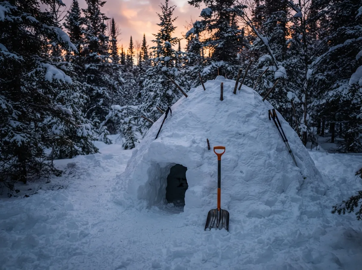 Un dôme de neige avec une entrée basse, des bâtons dépassant du sommet, une pelle plantée à côté, lumière de fin de journée