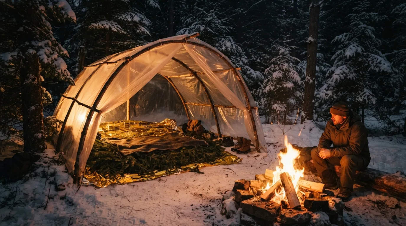 Un super-abri de Kochanski la nuit : une bâche transparente tendue devant un lit de branches, une couverture de survie dorée au fond, un feu long devant