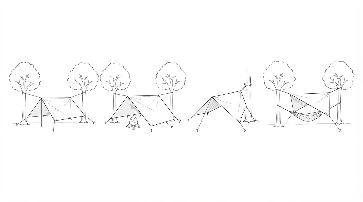 Quatre petites vignettes montrant un tarp monté en A-frame, en lean-to, en plow point et en diamant