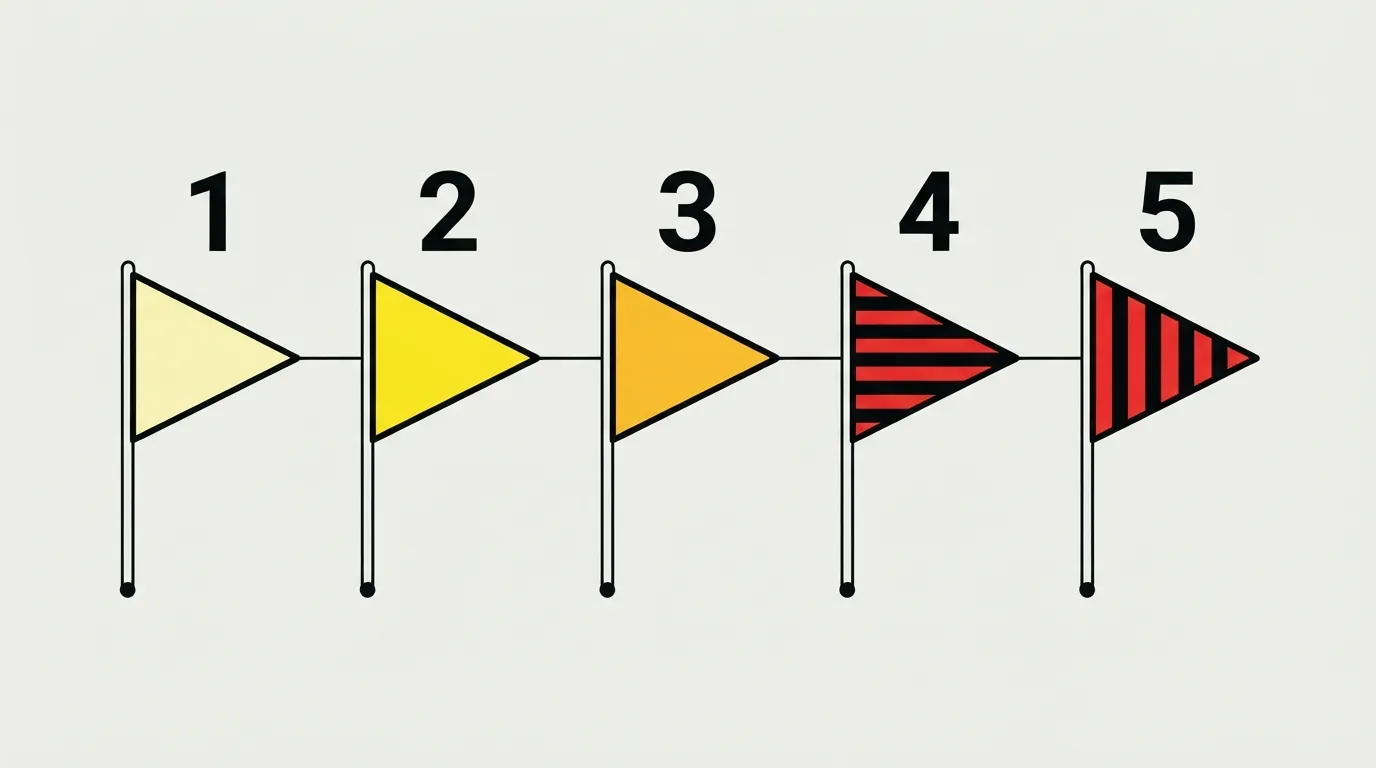 Cinq drapeaux de couleur représentant l'échelle de risque avalanche, du jaune pâle (1) au rouge foncé rayé noir (5)