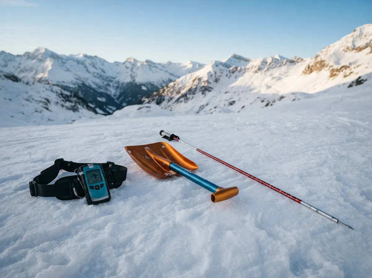 Un détecteur de victime d'avalanche, une pelle pliante et une sonde télescopique posés côte à côte sur la neige