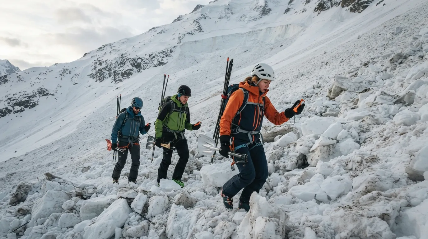 Un groupe de trois personnes en ligne effectue une recherche au DVA sur un cône d'avalanche