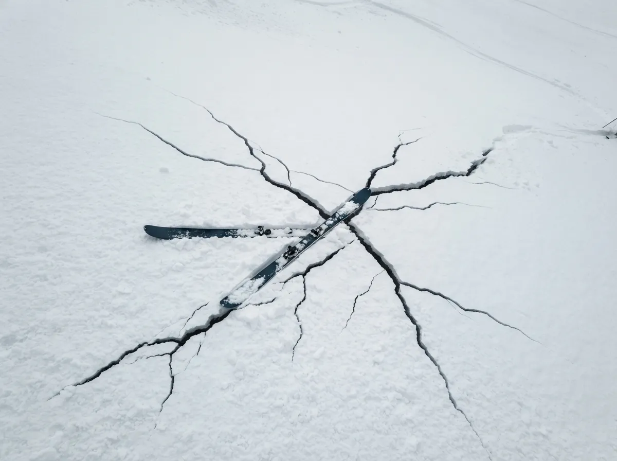 Une fissure sombre qui traverse la neige fraîche autour des skis d'un randonneur, vue plongeante
