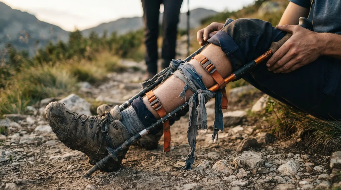 Une jambe immobilisée par deux bâtons de randonnée attachés de chaque côté avec des sangles et un tee-shirt déchiré