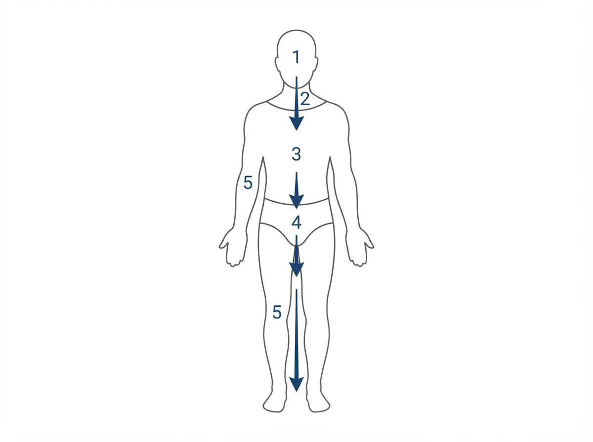 Silhouette humaine vue de face avec des zones numérotées : tête, cou, thorax, abdomen, membres, indiquant l'ordre du bilan