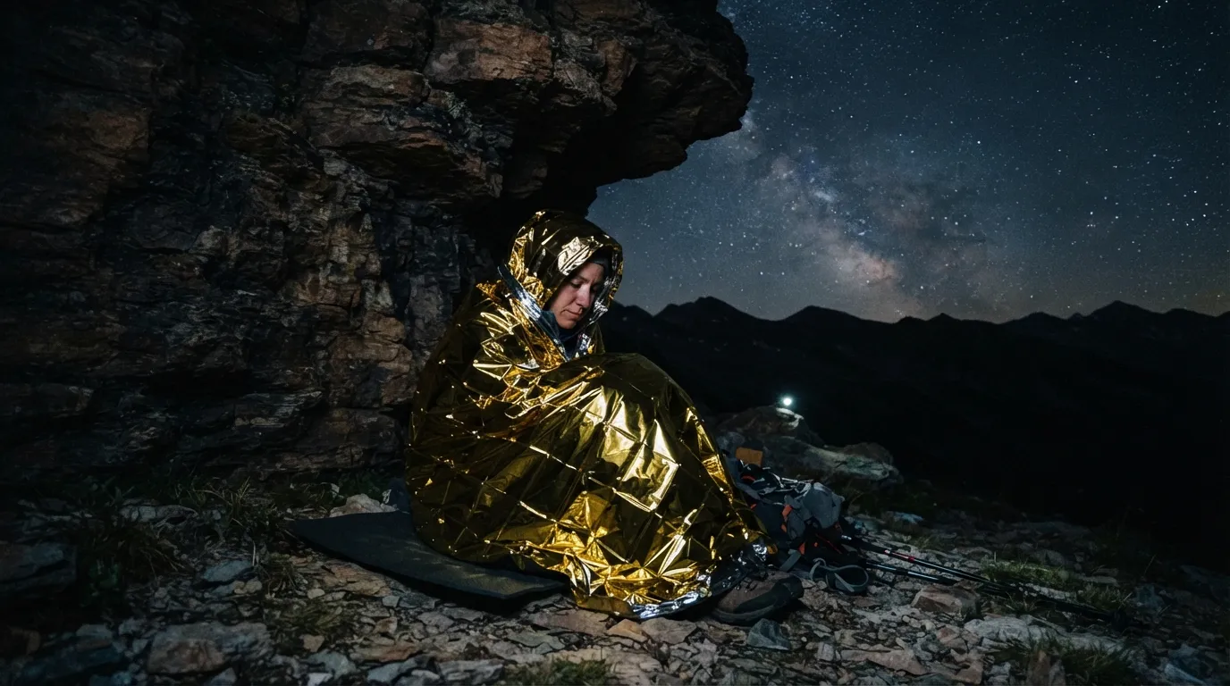Une personne enveloppée dans une couverture de survie dorée, adossée à un rocher, sous un surplomb rocheux, nuit étoilée