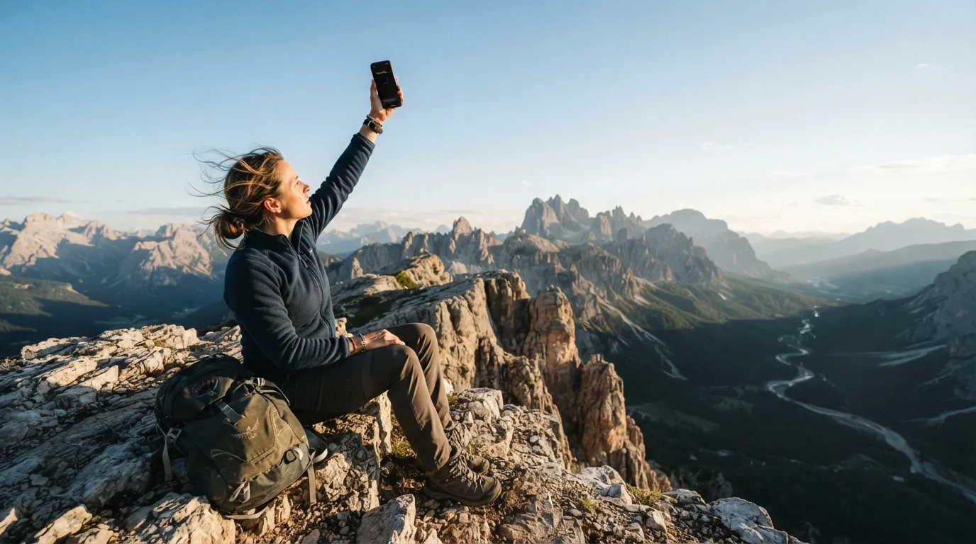 Une personne tient son téléphone levé vers le ciel depuis une crête rocheuse dégagée, à la recherche de réseau