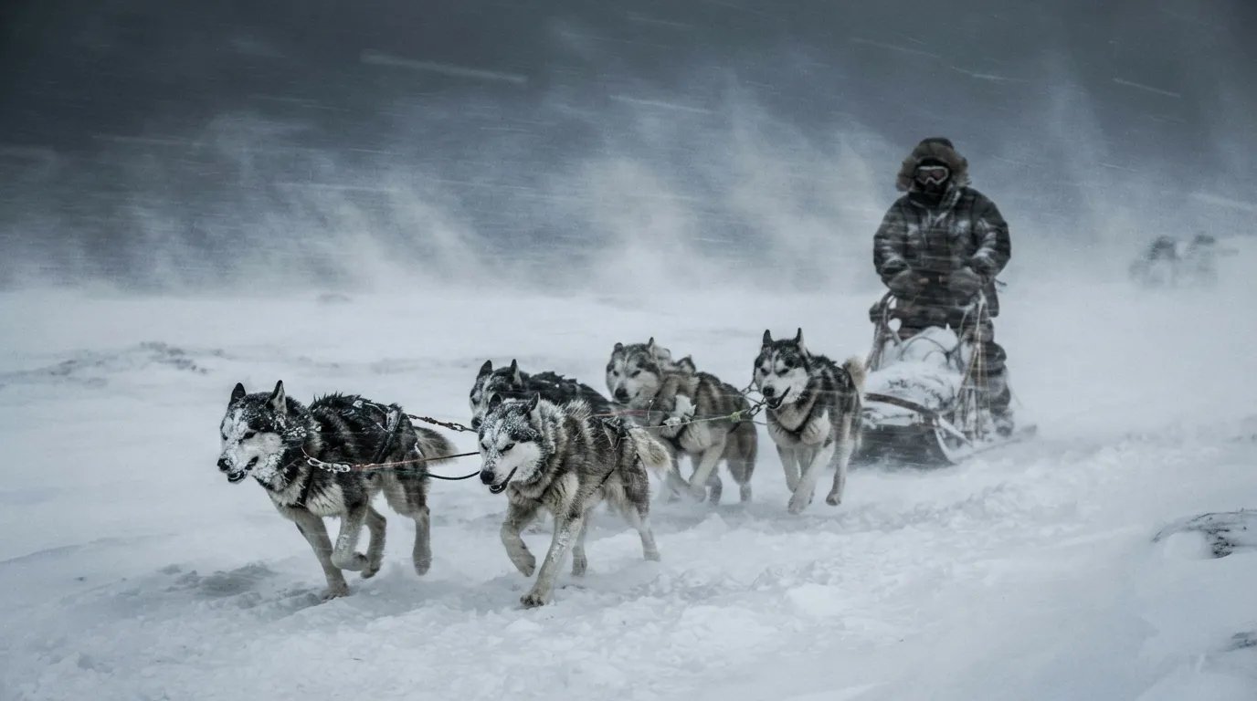 Un attelage de chiens de traîneau avançant dans une tempête de neige soufflée, museau bas