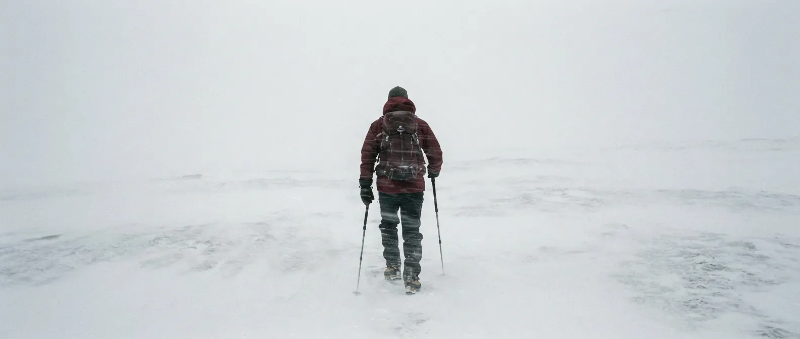 Une silhouette isolée dans un blizzard total, aucun horizon visible, ciel et sol confondus en blanc uniforme