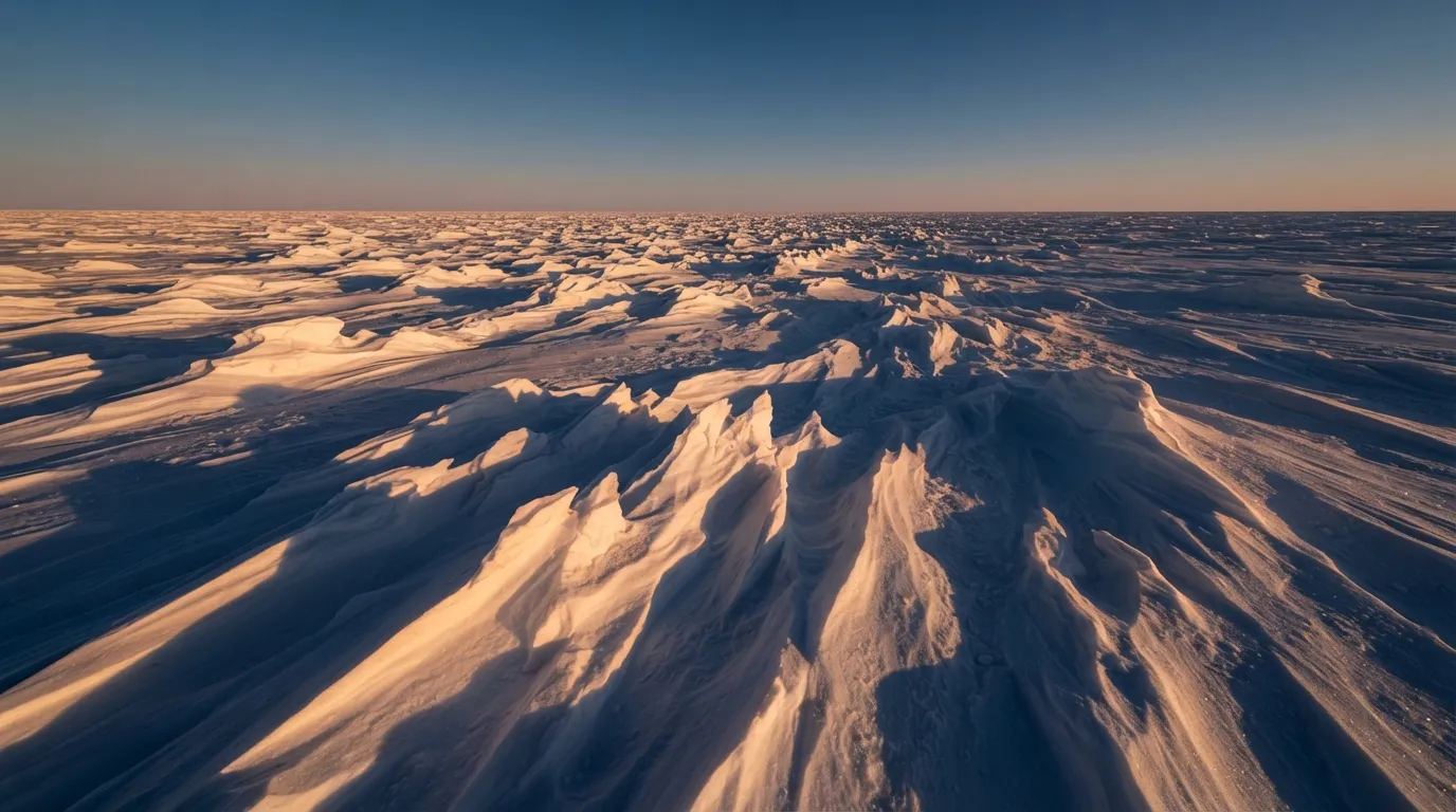 Champ de sastrugi, crêtes de neige durcie sculptées par le vent, sous une lumière rasante qui révèle leur relief