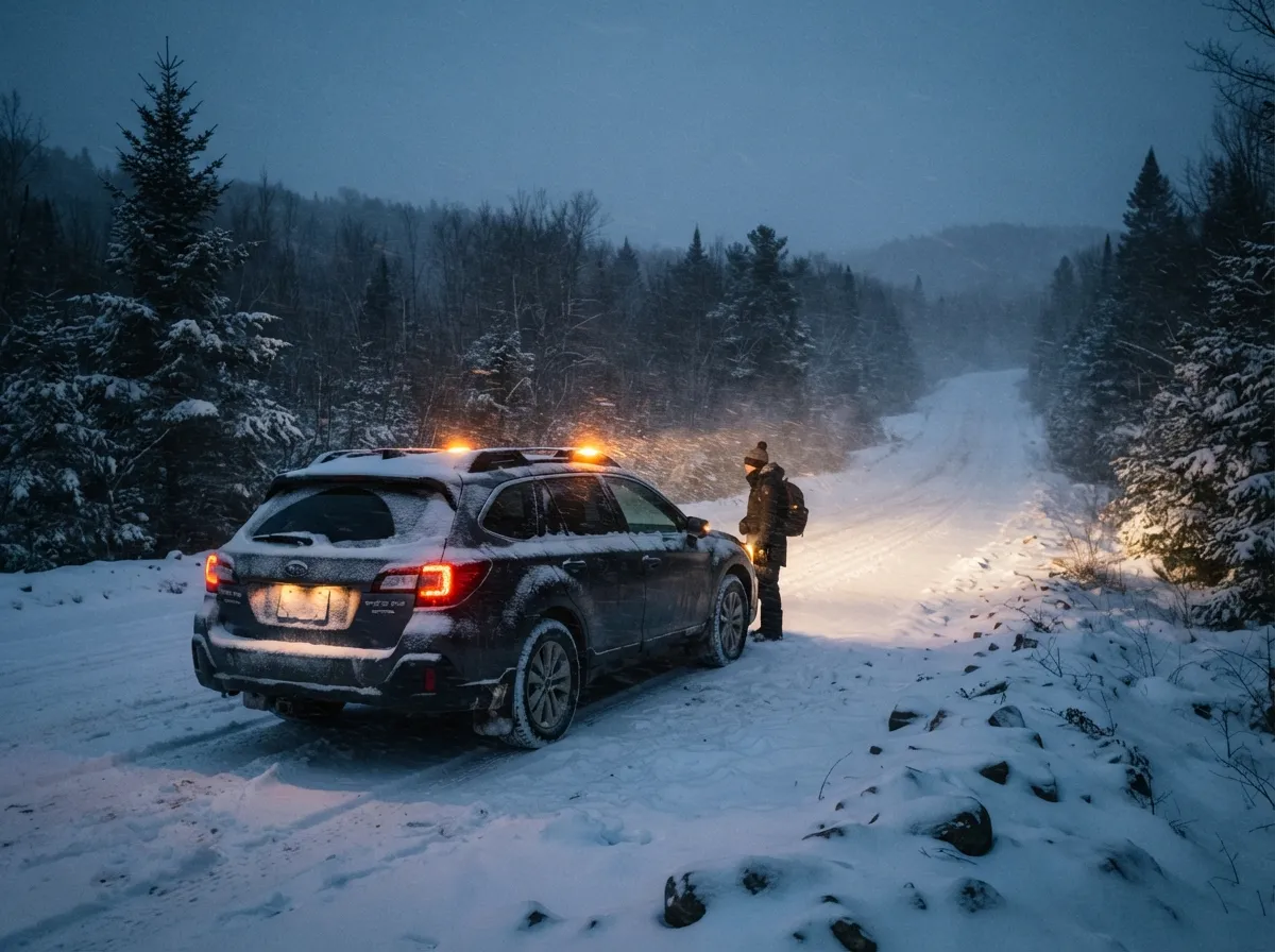 Une voiture immobilisée sur une route enneigée, phares de détresse allumés, neige soufflée par un vent violent