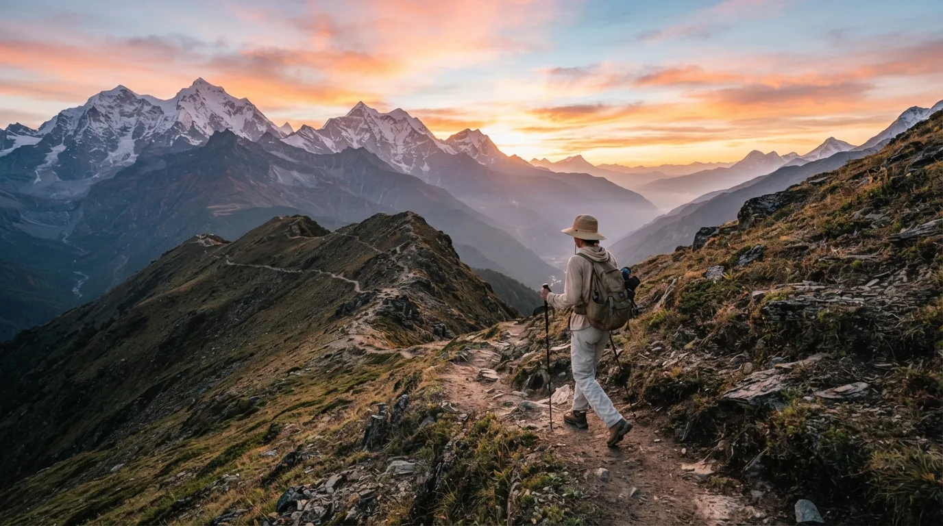 Un randonneur qui marche à l'aube sur un sentier de montagne, lumière rose du levant, chapeau et vêtements clairs
