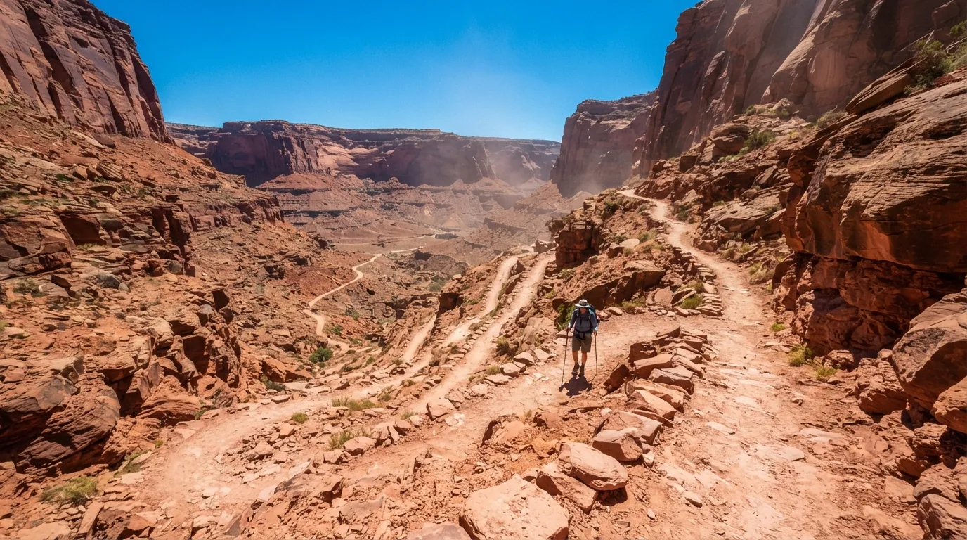 Un sentier encaissé et aride du fond du Grand Canyon écrasé de chaleur en milieu de journée