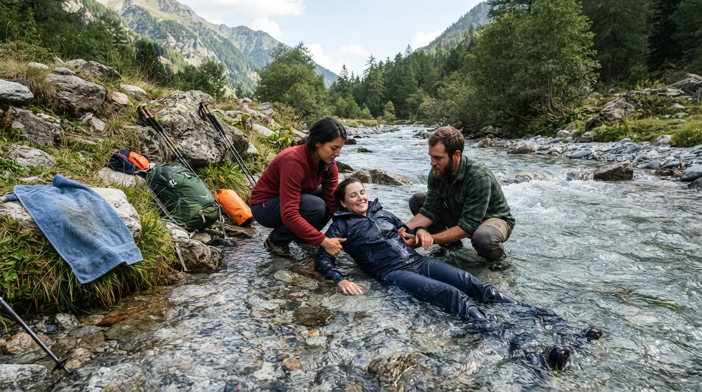 Une personne partiellement immergée dans un ruisseau de montagne, entourée de secouristes, technique de refroidissement d'urgence