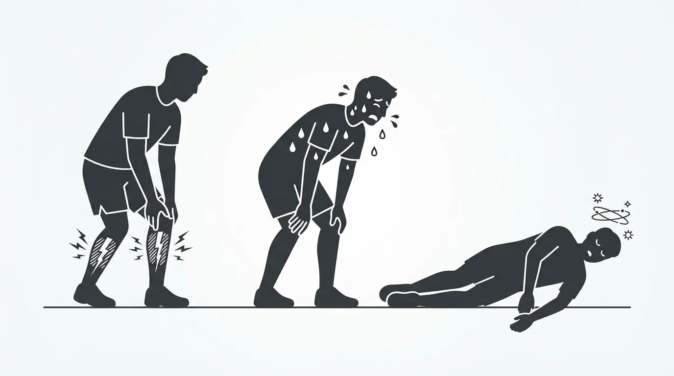 Trois silhouettes illustrant la progression des crampes de chaleur à l'épuisement puis au coup de chaleur, avec les signes clés de chaque stade