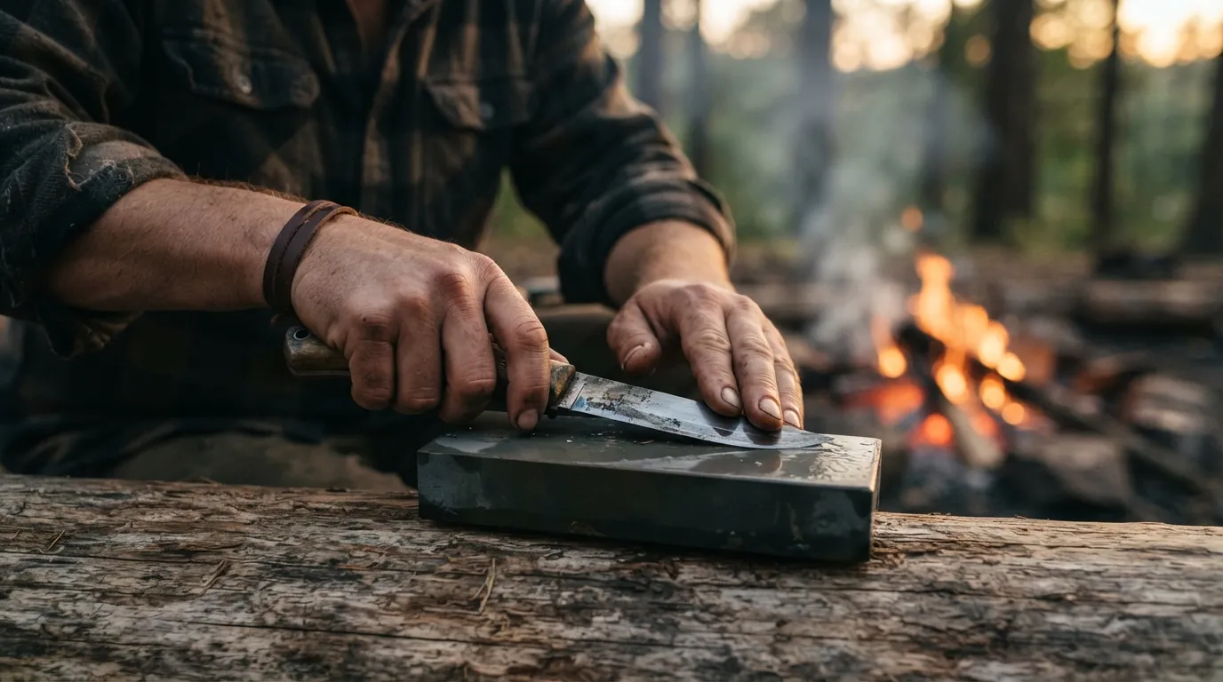 Une lame passée à plat sur une pierre à aiguiser, à un angle constant, près d'un feu de camp