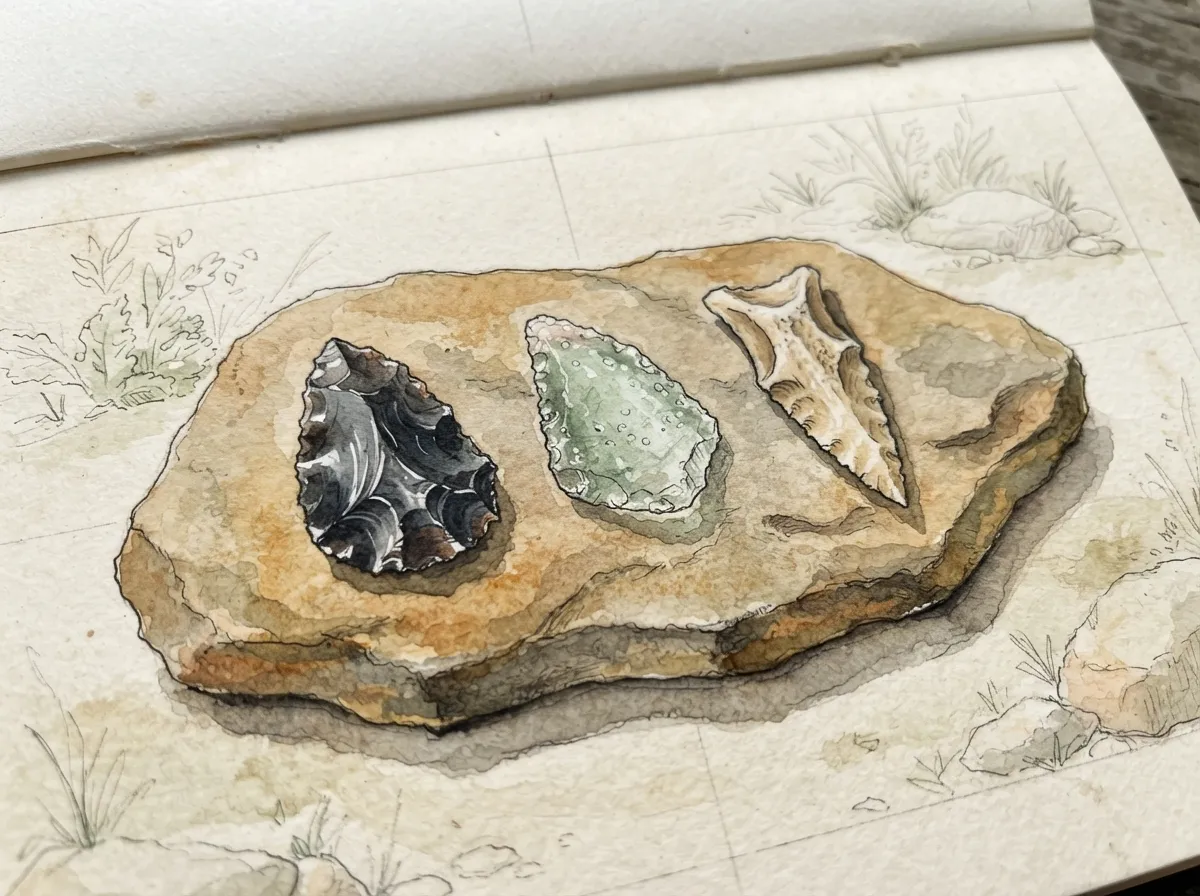 Un éclat d'obsidienne taillé en lame tranchante, posé à côté d'un tesson de verre et d'un fragment d'os taillé