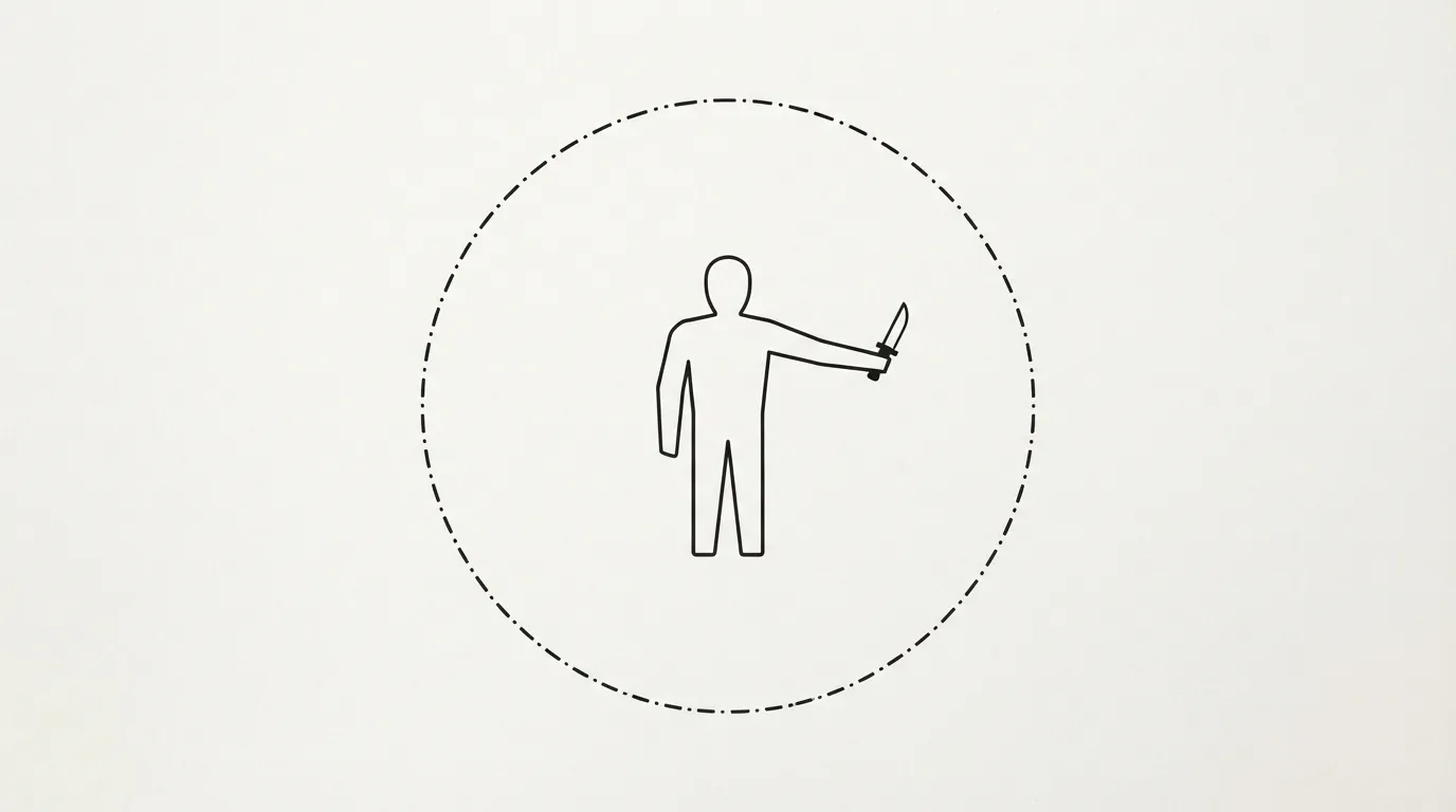 Une silhouette debout, bras tendu avec un couteau, entourée d'un cercle pointillé au sol matérialisant la zone de sécurité