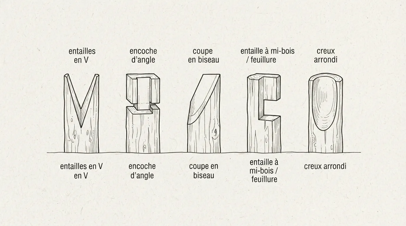 Cinq entailles de base sculptées dans des bâtons : encoche en V, en 7, une pointe, un biseau et un sifflet