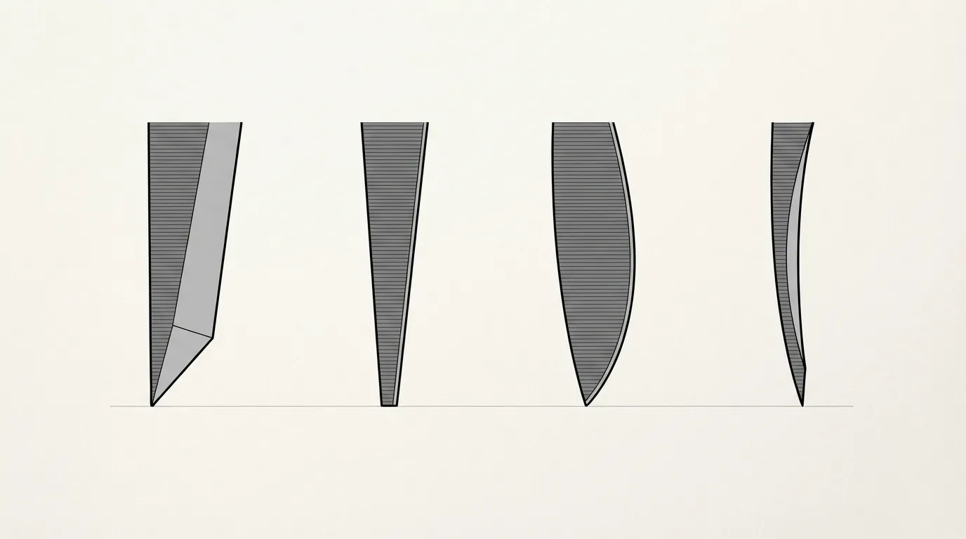 Coupe transversale de quatre émoutures de lame : scandinave, plate, convexe et creuse, comparées côte à côte