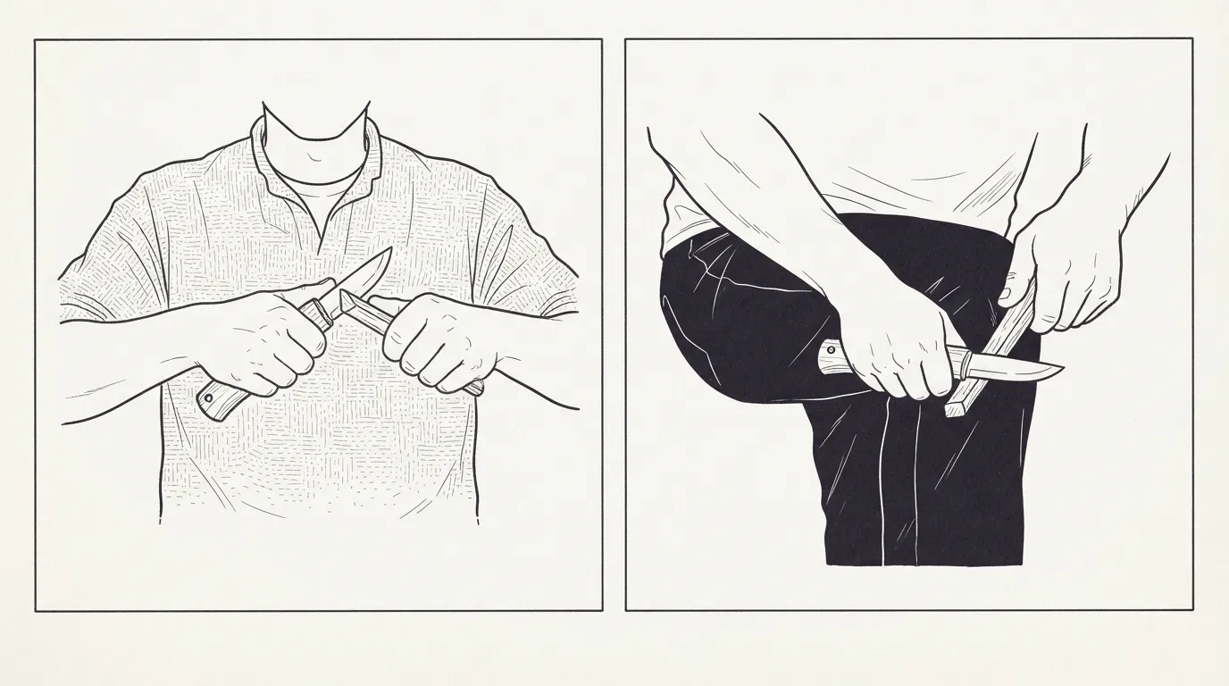 Deux prises de couteau illustrées : les mains ramenées près de la poitrine, puis l'avant-bras calé contre le genou