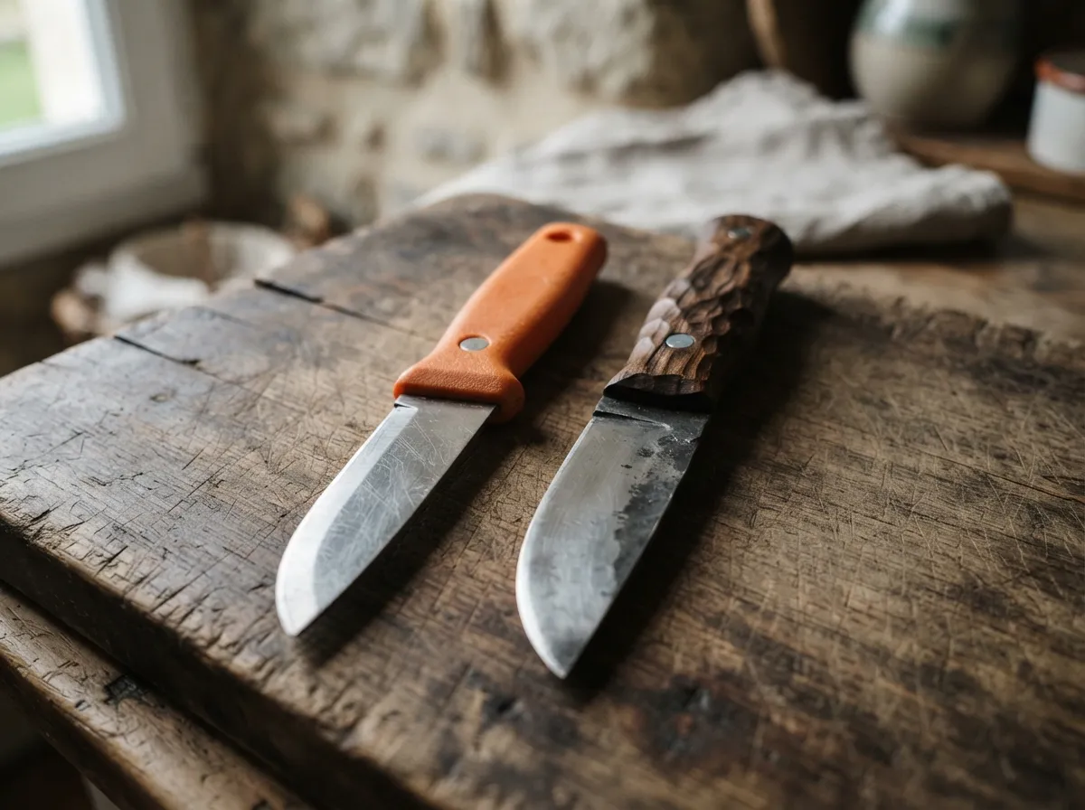 Un couteau Mora basique posé à côté d'un couteau de bushcraft artisanal à manche en bois foncé