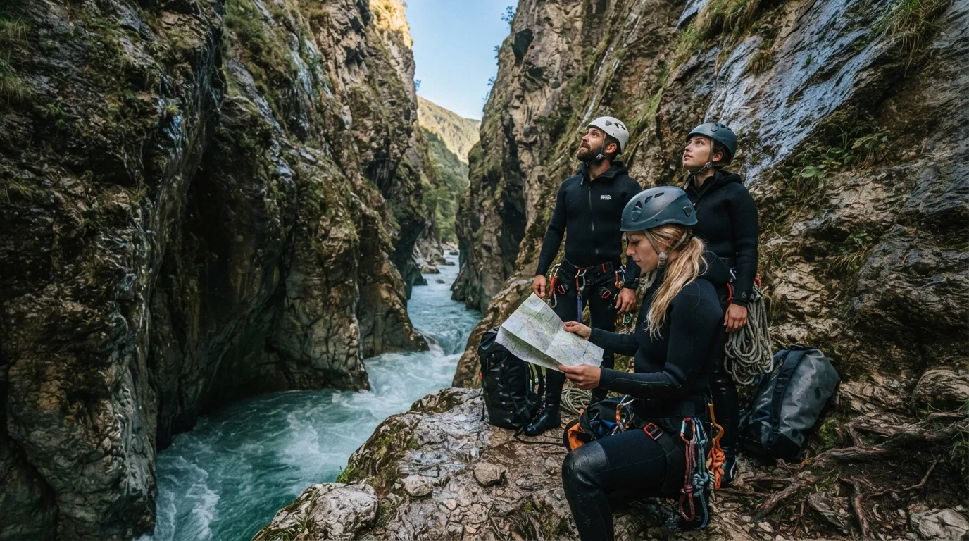 Un groupe de canyoneurs équipés, casque et combinaison néoprène, consultant une carte et le ciel avant de s'engager dans une gorge étroite
