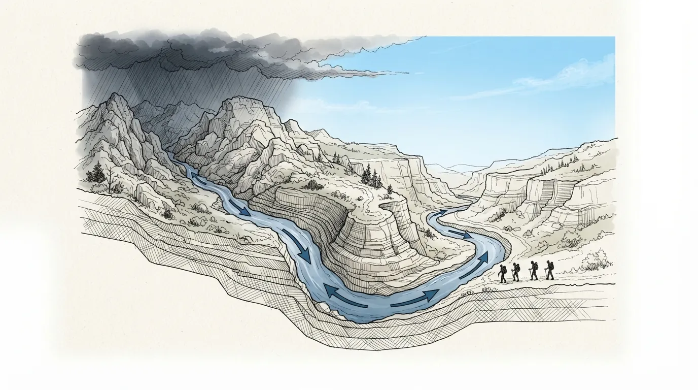 Schéma d'un bassin versant : un orage isolé en amont d'un canyon envoie une vague d'eau vers des randonneurs en aval, sous un ciel bleu