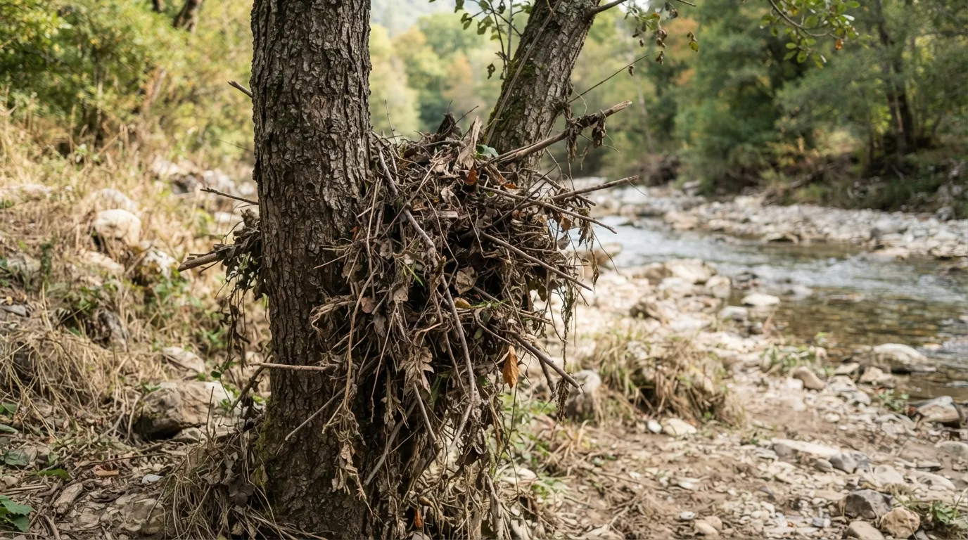 Des débris végétaux et des brindilles coincés dans les branches basses d'un arbre au bord d'une rivière, à environ deux mètres du sol, marquant le niveau d'une ancienne crue