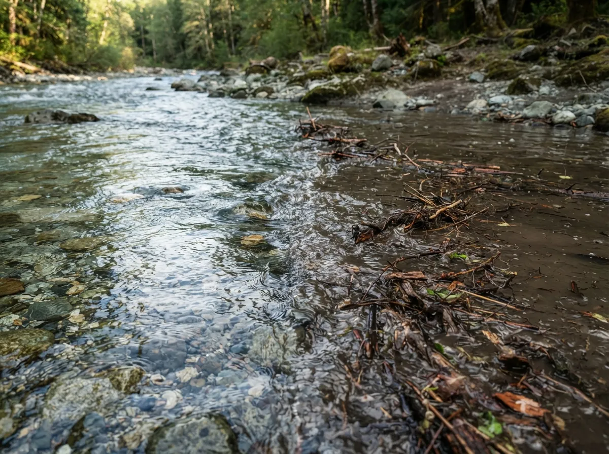 Gros plan sur une rivière dont l'eau passe de claire à trouble et chargée de débris, brindilles et écorces flottant à la surface