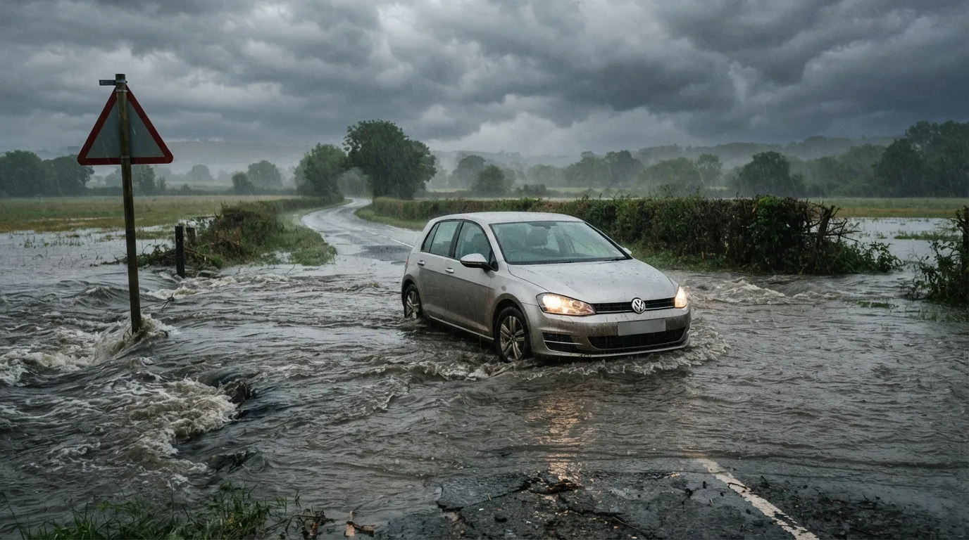 Une voiture immobilisée au milieu d'une route inondée, eau boueuse jusqu'au bas des portières, panneau d'avertissement flottant