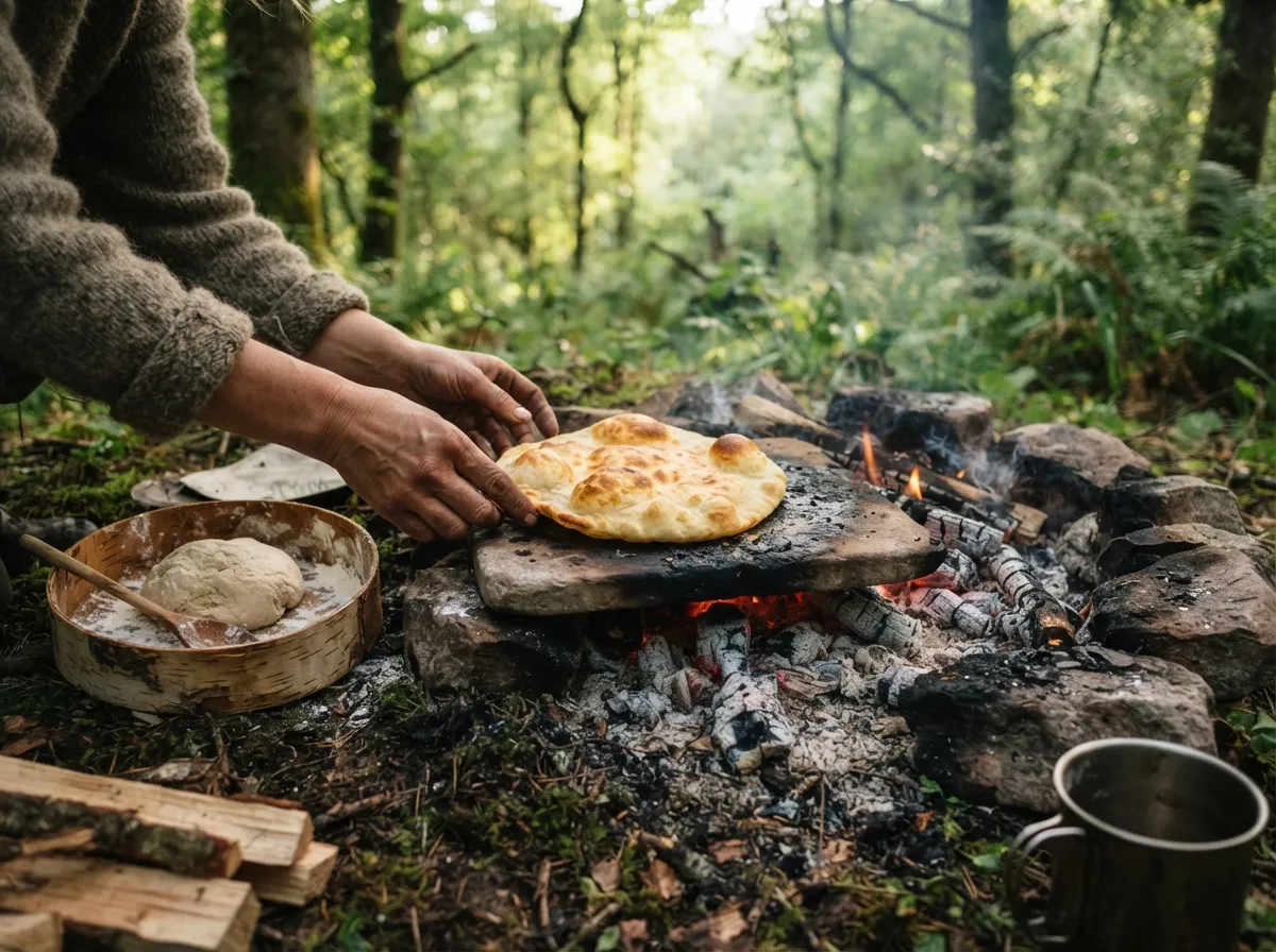 Une galette de pain dorée cuite sur une pierre plate au bord du feu, pâte crue posée à côté sur un bol en écorce