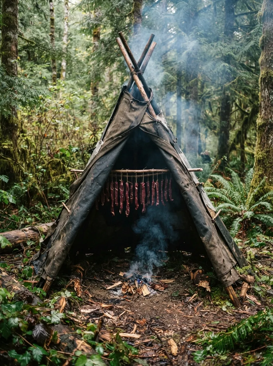 Un tipi de perches recouvert d'une bâche, des lanières de viande suspendues à l'intérieur au-dessus d'un feu qui fume sans flamme