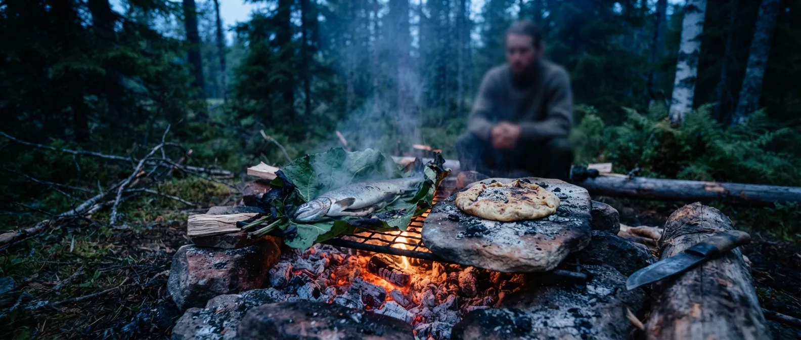 Un poisson enveloppé dans de larges feuilles vertes cuit sur un lit de braises, à côté une pierre plate où dore un pain, fumée légère montant dans la forêt du soir
