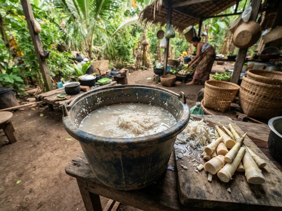 Des racines de manioc épluchées et râpées trempant dans un seau d'eau, à côté des pousses de bambou coupées