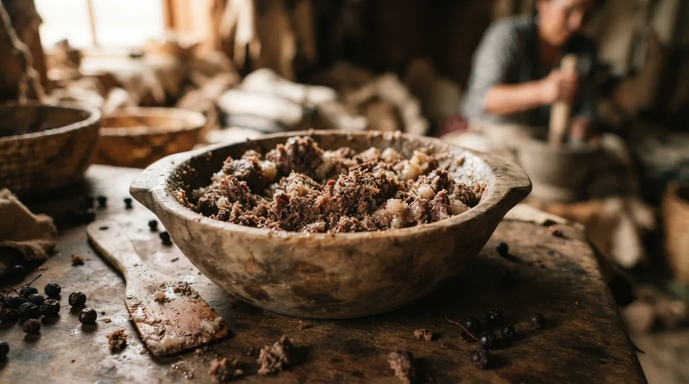 De la viande séchée pilée en poudre mélangée à du gras fondu dans un bol en bois, prête à être tassée