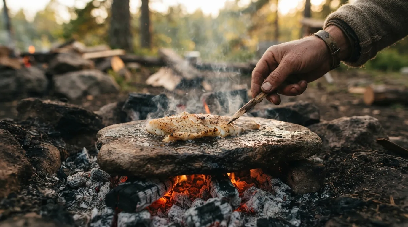 Une pierre plate posée au bord des braises, un poisson qui grille dessus, mains qui surveillent la cuisson