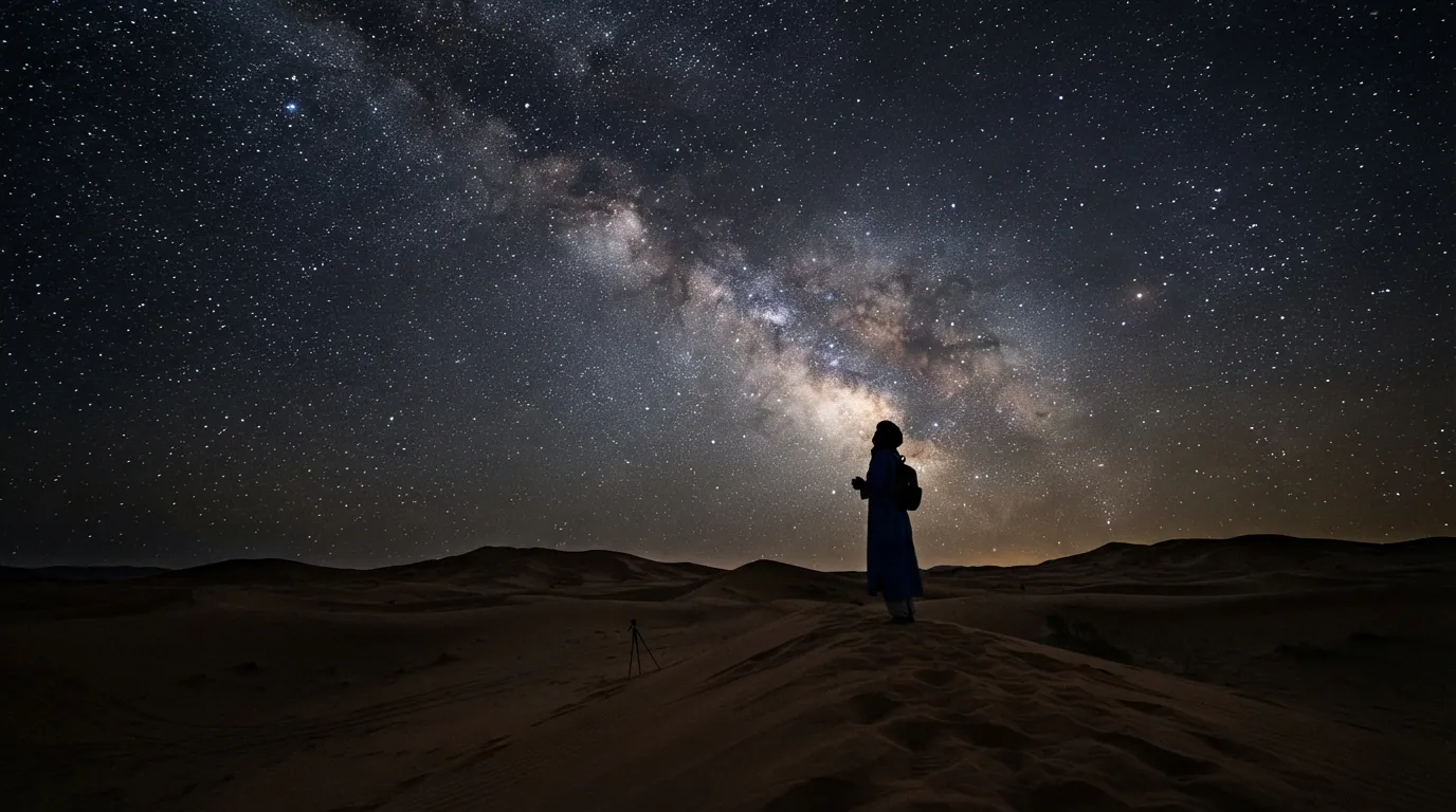 Ciel étoilé au-dessus de dunes, silhouette de voyageur qui regarde le ciel
