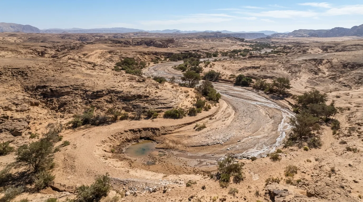 Un lit de rivière à sec sinueux, avec une petite excavation à la sortie d'un virage