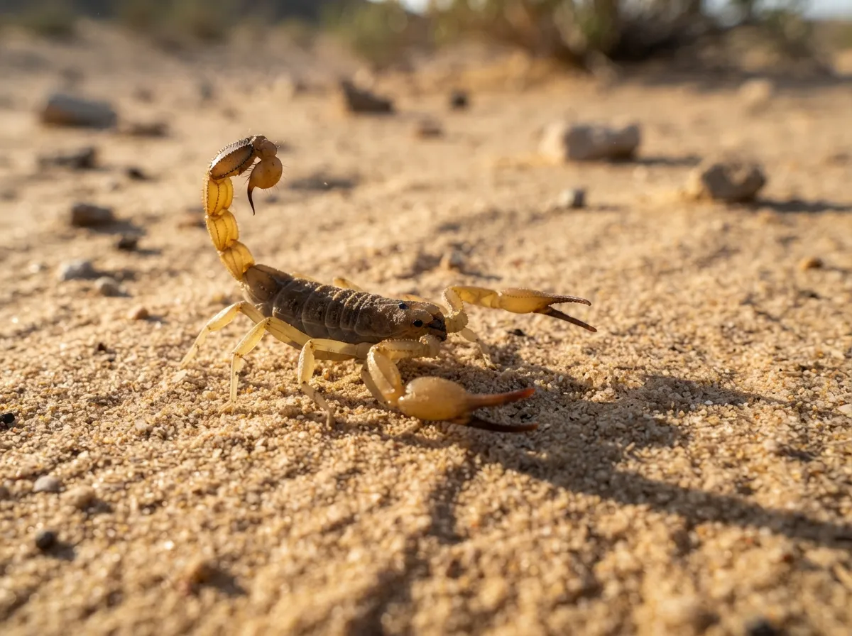 Un scorpion du désert sur du sable au crépuscule