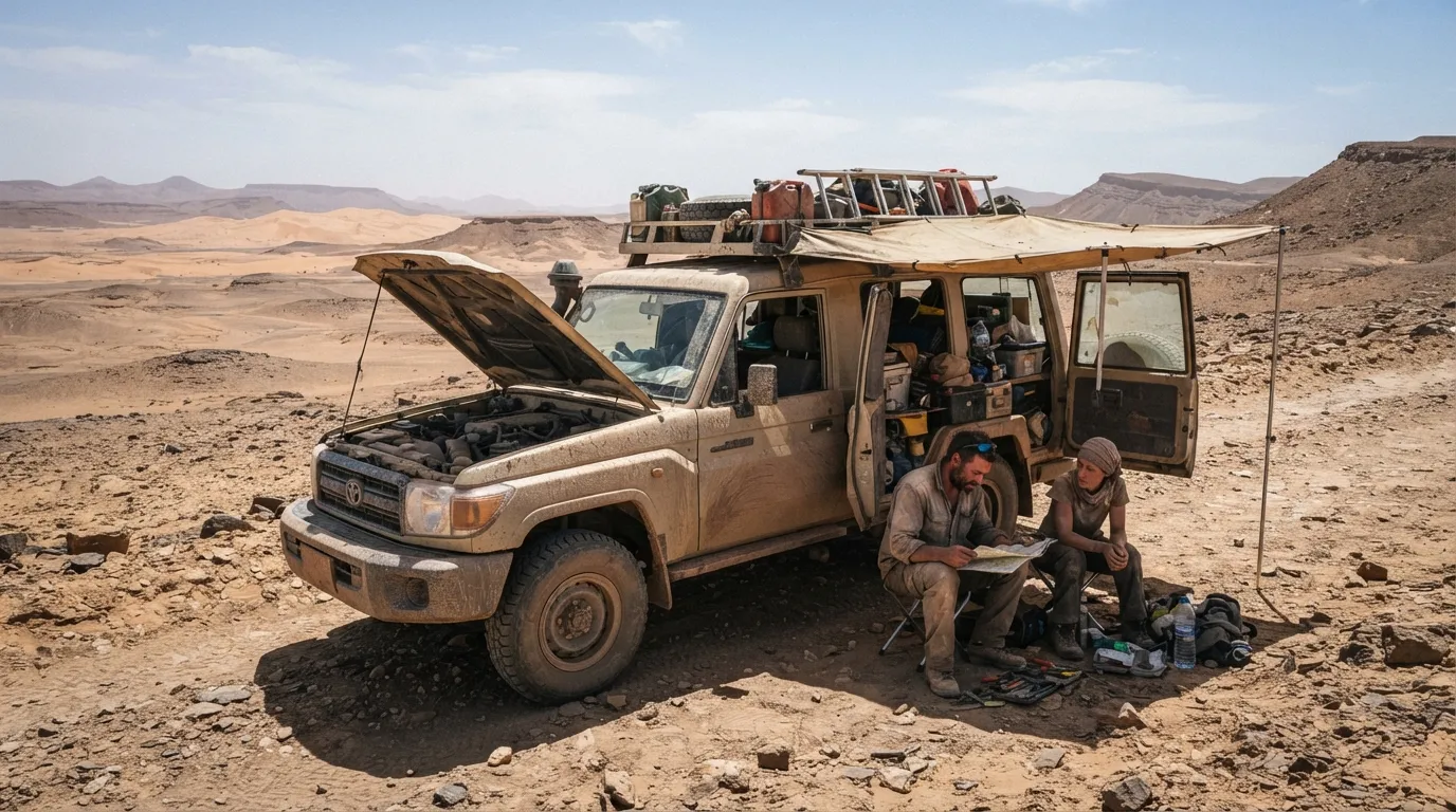 Un véhicule 4x4 en panne dans le désert, capot ouvert, une bâche tendue sur le côté pour faire de l'ombre