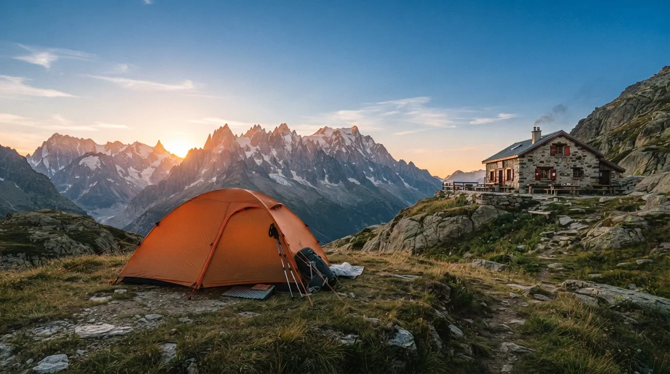 Une petite tente de bivouac plantée au coucher du soleil à quelques mètres d'un refuge de montagne en pierre