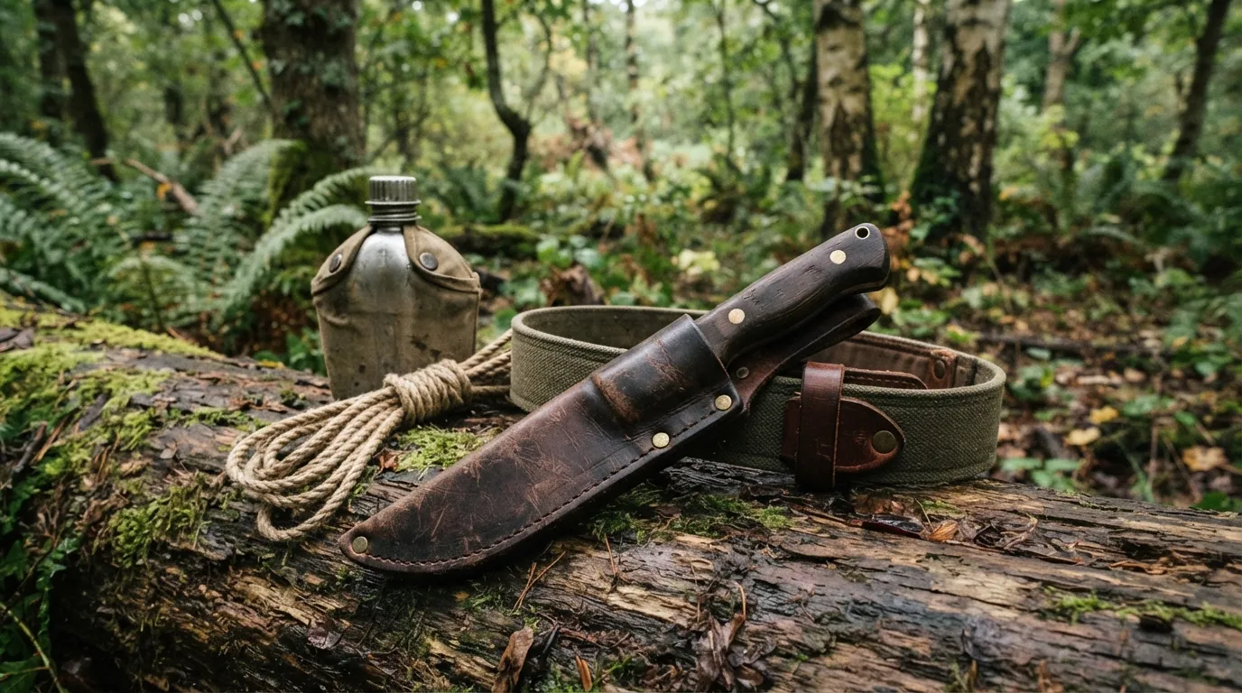 Un couteau à lame fixe rangé dans son étui de cuir, fixé à une ceinture, avec du matériel de bushcraft posé à côté