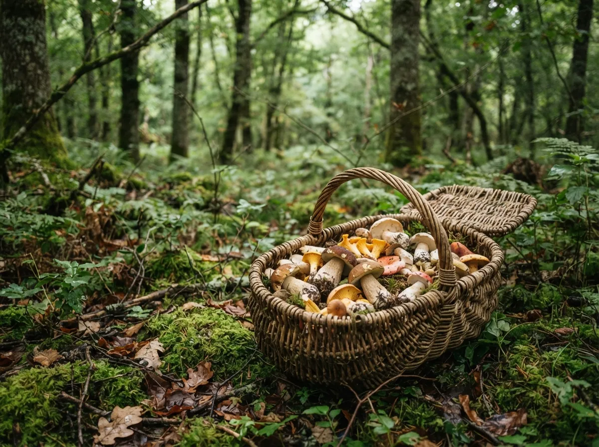 Un panier en osier contenant des champignons sauvages posé sur la mousse d'un sous-bois