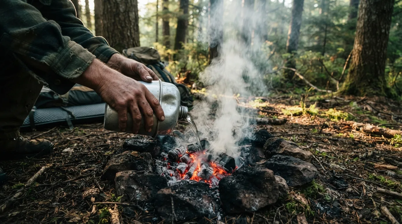 Des mains versent de l'eau sur les braises d'un petit feu de camp pour l'éteindre complètement