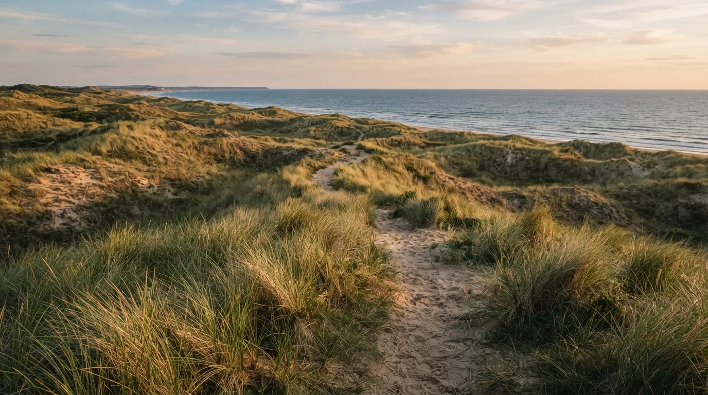 Un sentier de dunes sauvages en bord de mer au coucher du soleil, sans aucune installation