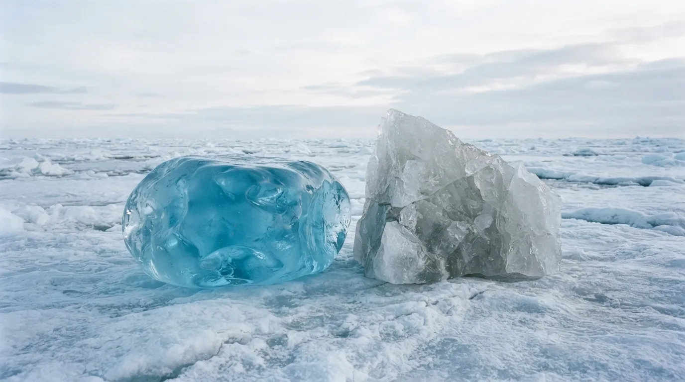 Bloc de glace de mer ancienne, bleutée et aux arêtes arrondies, à côté de glace jeune grise et laiteuse